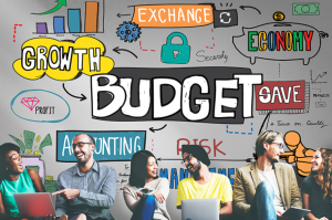 Young Adults at laptops beneath illustrated financial words like Growth, Budget, and Save. 