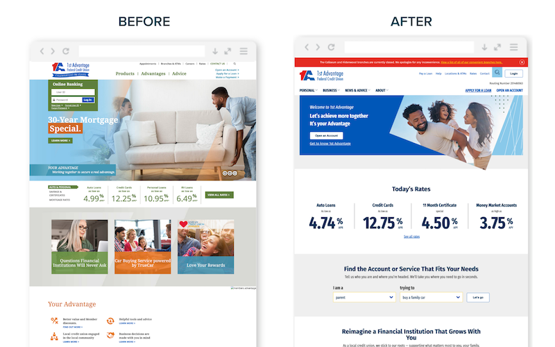 1st Advantage Federal Credit Union's website before and after the redesign