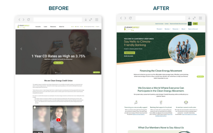 Screenshots of before and after versions of Clean Energy website