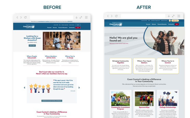 Before and after screenshots of Coast Central's website