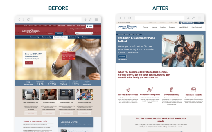 Before and after images of Lafayette Federal Credit Union's website