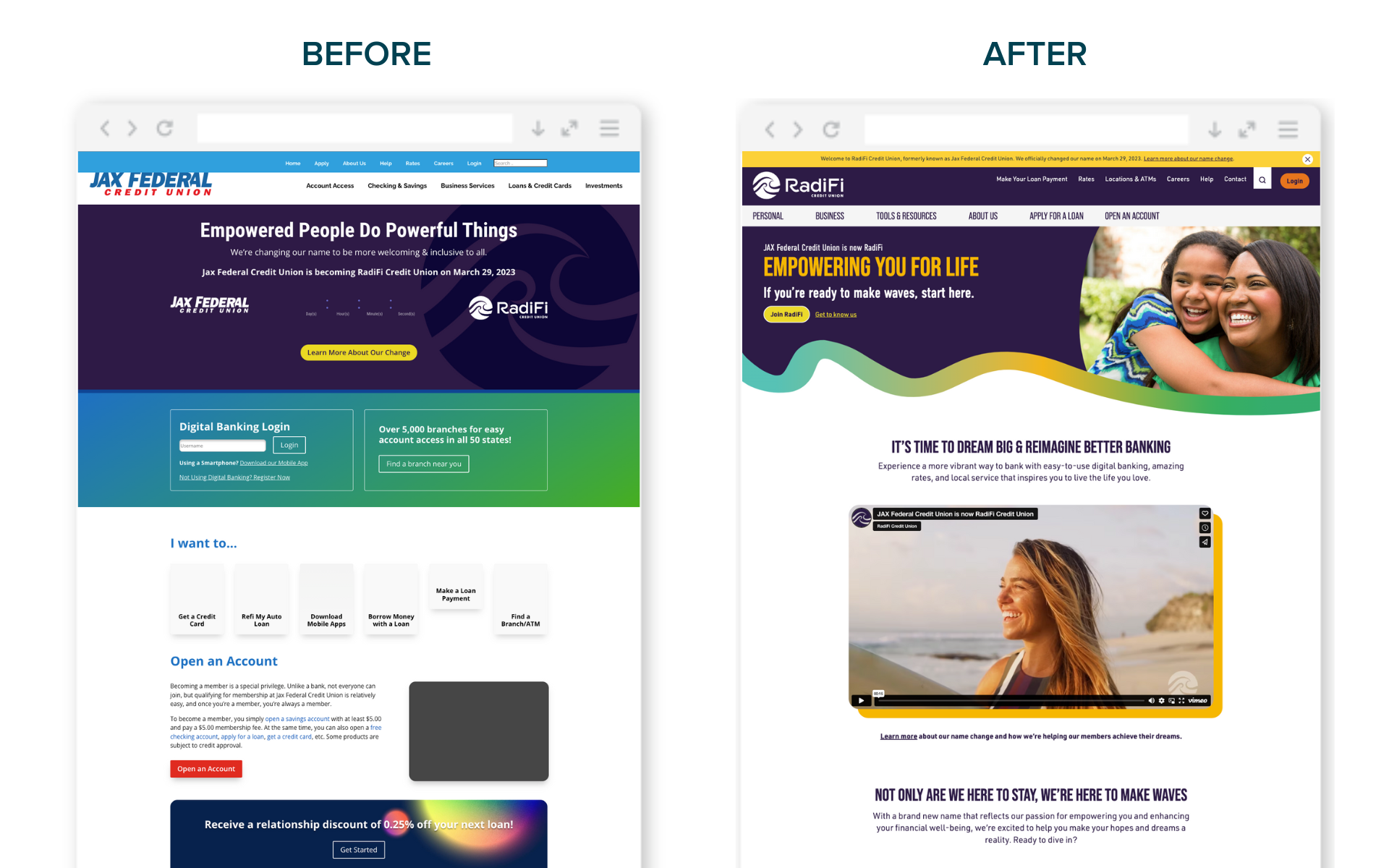 Before and after shots of the RadiFi website redesign
