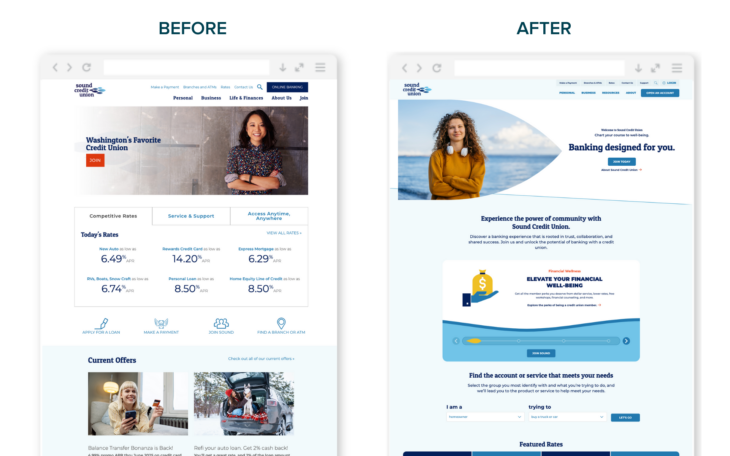 Sound Credit Union website before and after the redesign