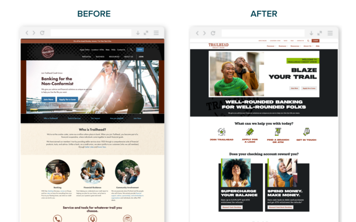 Trailhead Credit Union website before and after the redesign