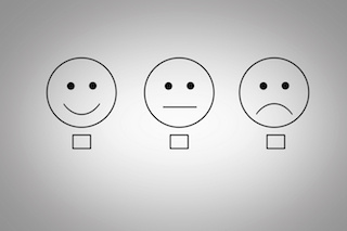 Drawing of happy, neutral and frustrated emoticons with check boxes.
