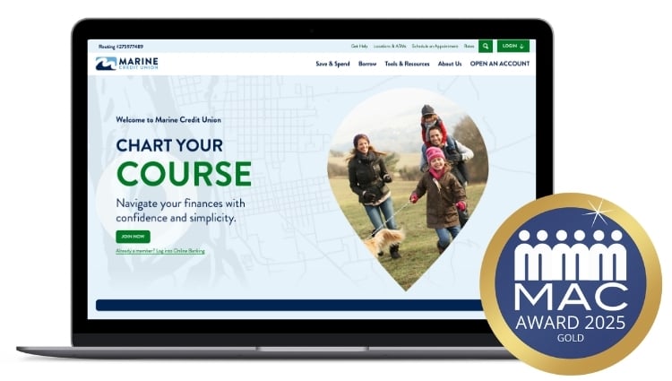 Marine Credit Union wins a Gold 2025 MAC Award in the credit union website transformation category