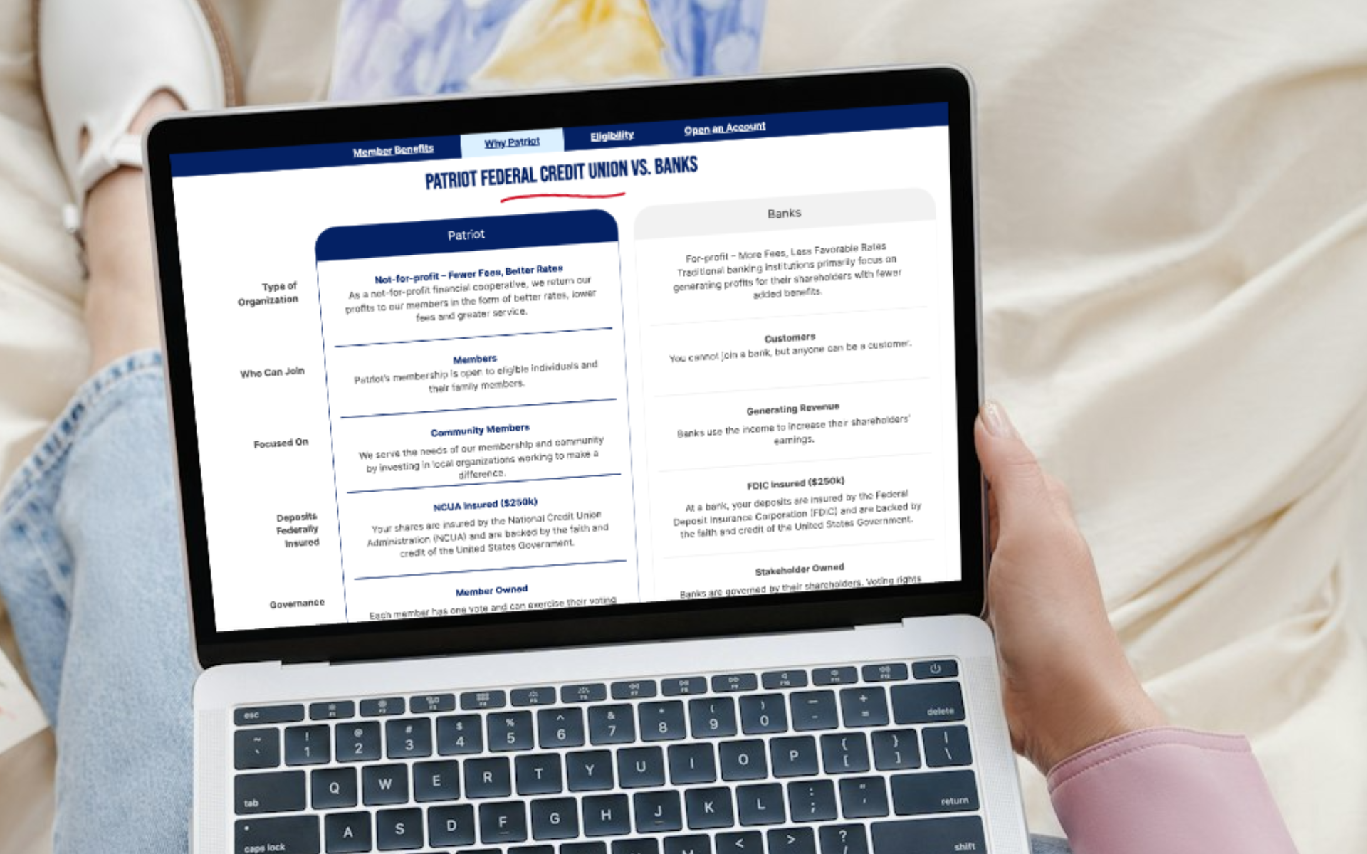 Patriot Credit Union website comparison table on laptop