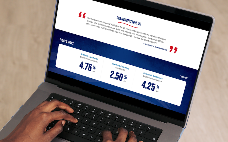 Patriot Credit Union website testimonial on laptop