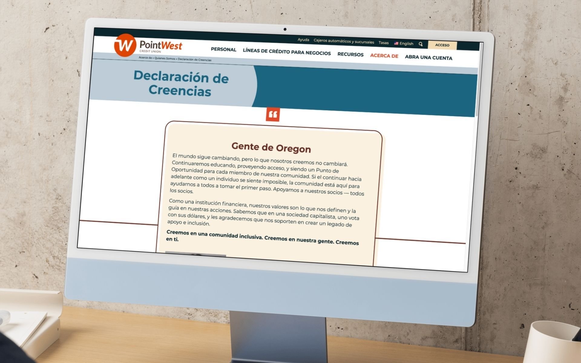 Declaration of Beliefs page on the Point West Credit Union website